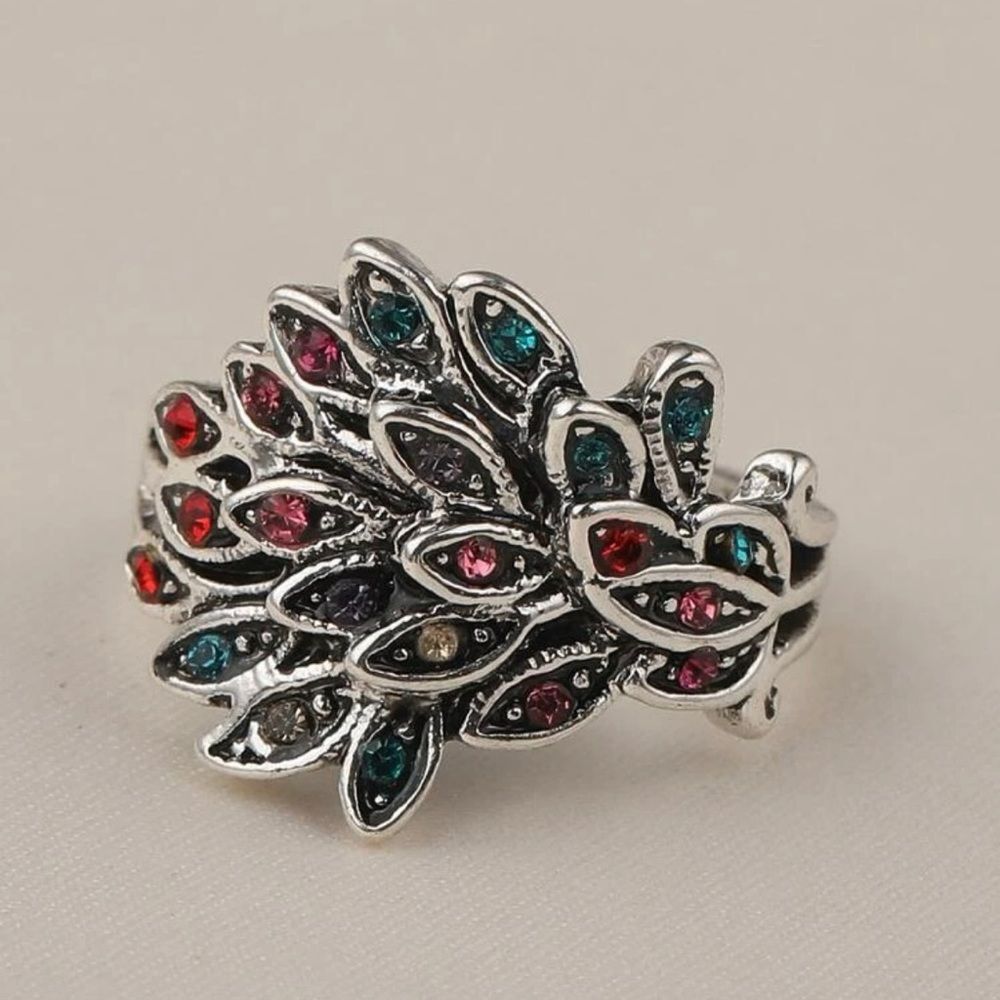 Peacock Multicolor Rhinestone Cocktail Ring One Size - Picture 2 of 6
